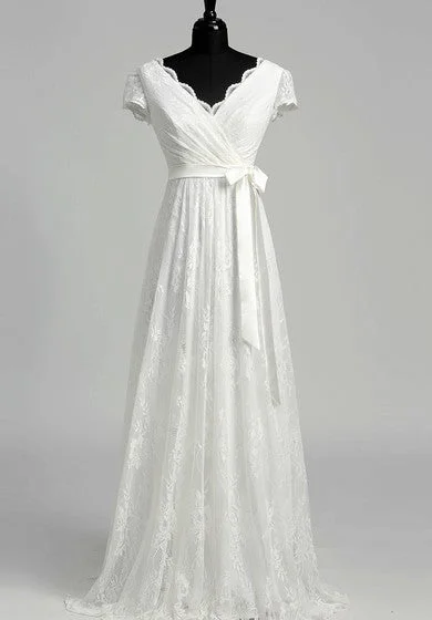 A Line Garden Cap Short Sleeve Wedding Dress