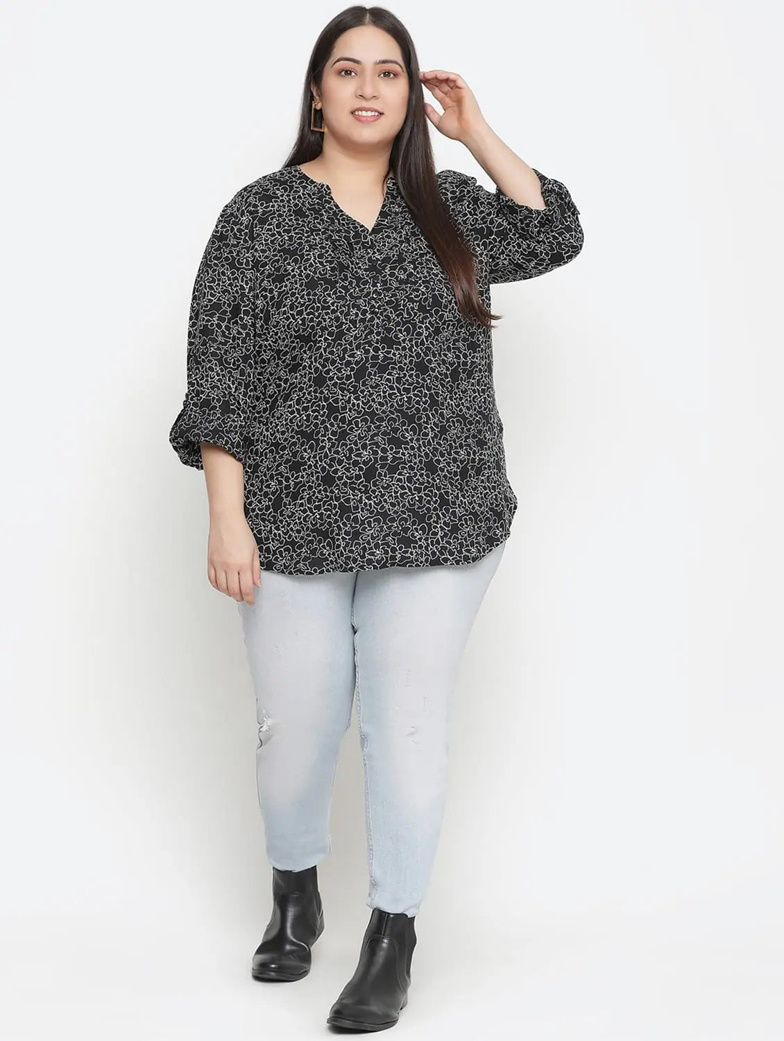 Magnectic Black Floral Print Plus Zie Women Top