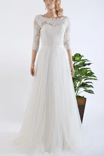 3-4 Length Sleeve Tulle and Lace Wedding Dress