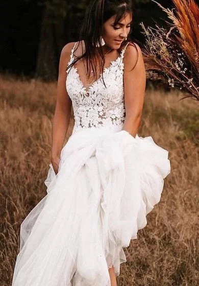 Country/Rusitc Sexy Spaghetti Sleeveless Casual Low-V-Back Summer/Fall Lace Tulle Wedding Dress