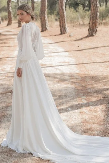 Modest A Line Chiffon High Neck Chapel Train Wedding Dress with Ruching