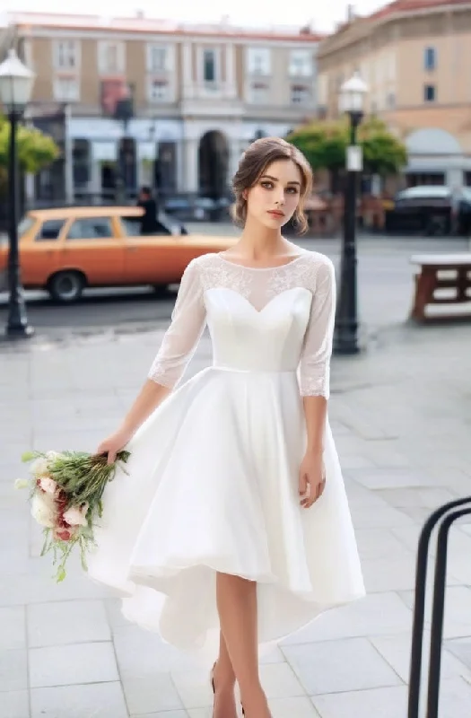 Casual Half Sleeves Chiffon A-Line High-low Wedding Dress with Appliques