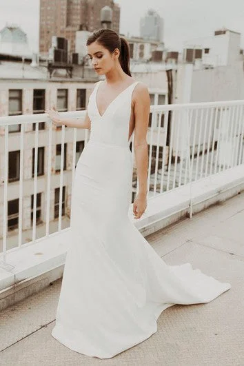 Mermaid V-neck Satin Sexy Wedding Gown With Train And Deep V-back