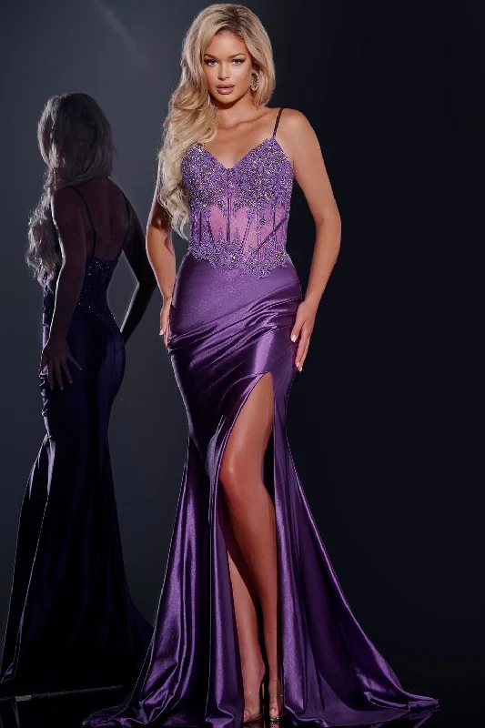 Jovani 42259 Long Fitted Formal Beaded Applique Slit Prom Dress