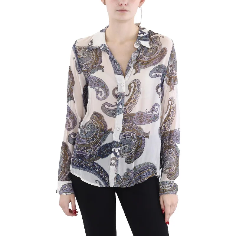 Womens Long Sleeve Paisley Button-Down Top