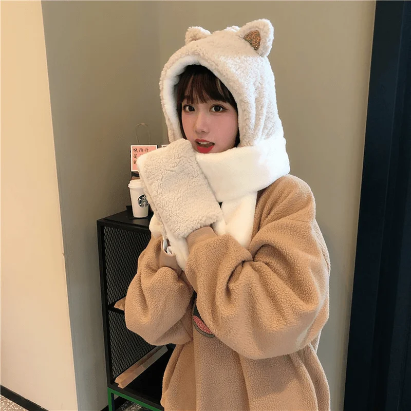 Cute Cat Ears Color Matching Plush Hooded Scarf