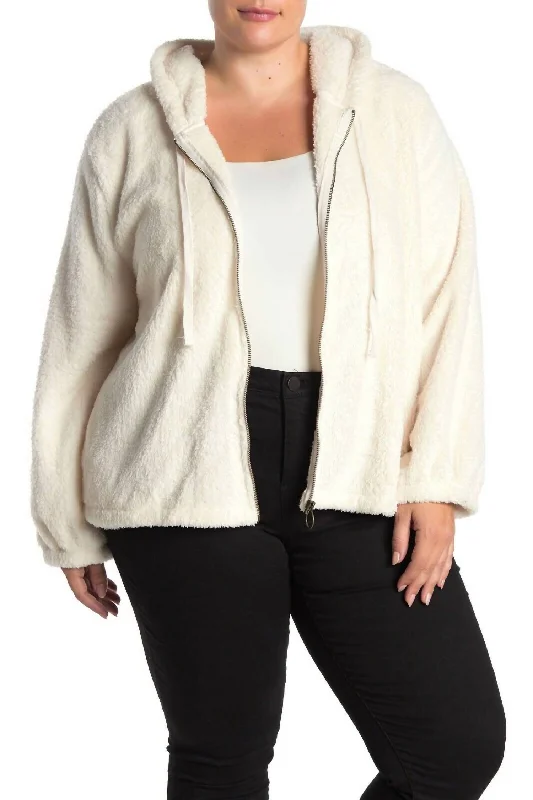 Faux Fur Front Zip Ultra Plush Soft Hoodie In Ivory