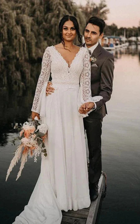 V-neck Lace Long Sleeve Empire Chiffon Boho Low-v Back Wedding Dress