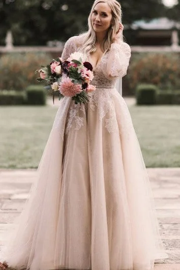 Elegant A Line Lace Floor-length Train Long Sleeve Wedding Dress with Appliques