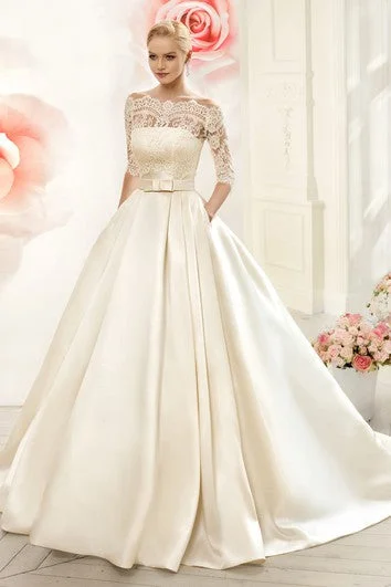 Ball Gown Floor-Length Off-The-Shoulder Half-Sleeve Illusion Satin Dress With Lace