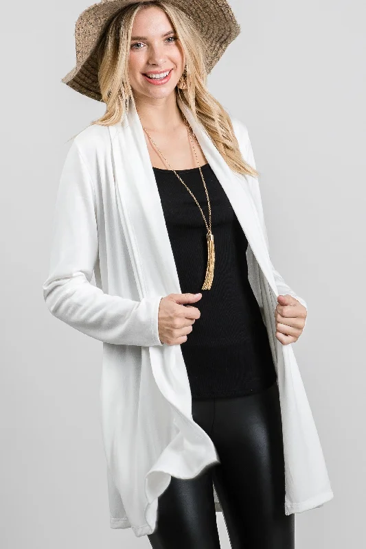 WITE FRENCH TERRY OPEN NECK LONG SLEEVES KNIT LONG CARDIGAN SO3420T