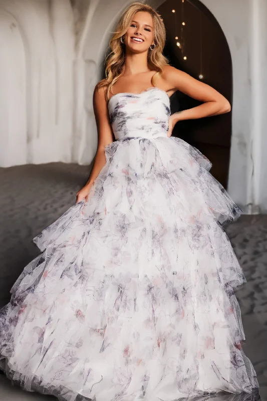 Jovani 38608 Printed Long Ball Gown Tiered Prom Dress