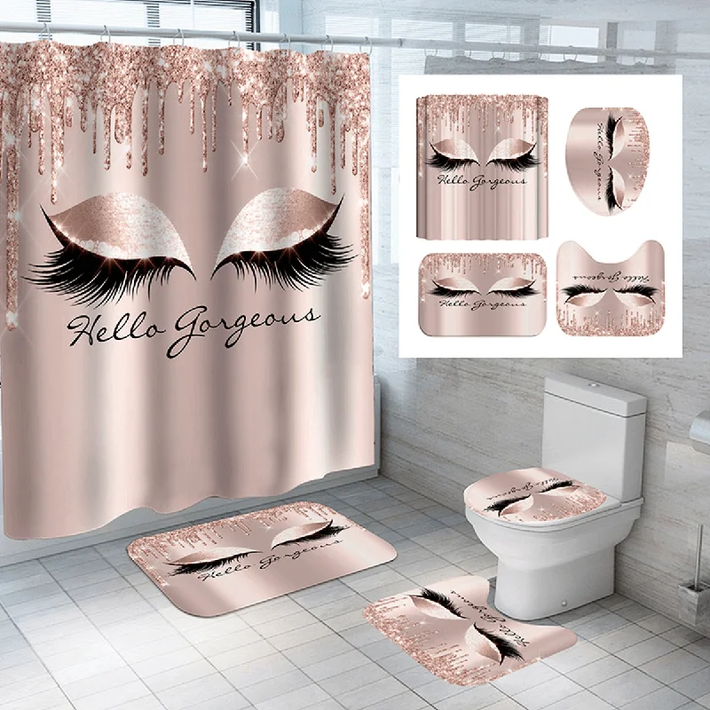 Girly Rose Gold Eyelash Makeuo Shower Curtain Bath Curtain Set Spark Rose Drip Bathroom Curtain Eye Lash Beauty Salon Mat Set