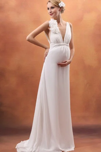 Backless Deep V-Neck Empire Maternity Dress With Flower