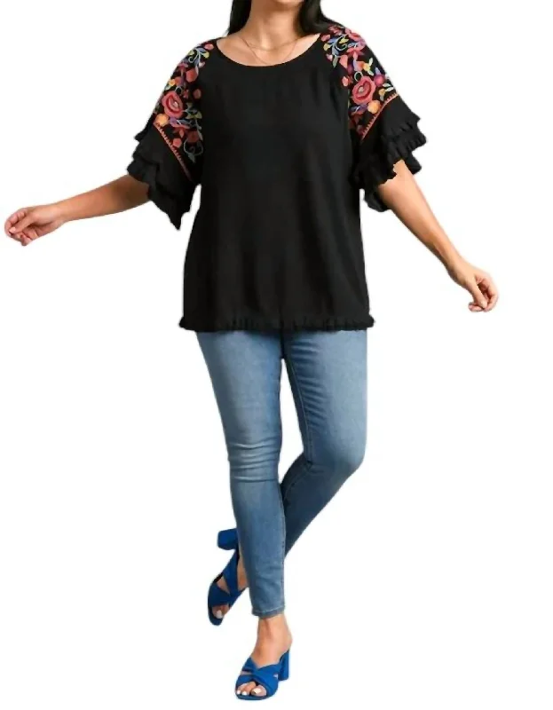 Floral Embroidered Frayed Sleeve Blouse Plus In Black