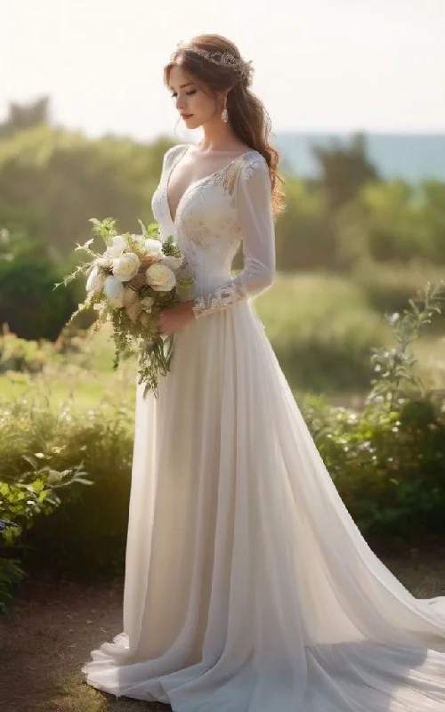 Boho Long Sleeves Plunging Neckline Lace and Chiffon A-Line Wedding Dress