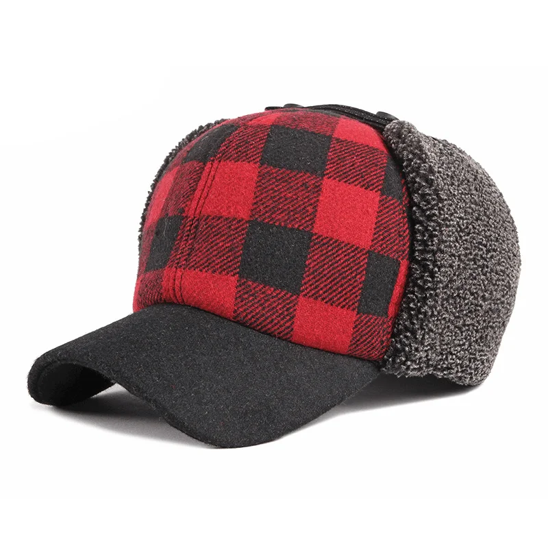 Trendy plus Velvet Thick Plaid Ear Protection Cotton Cap Men