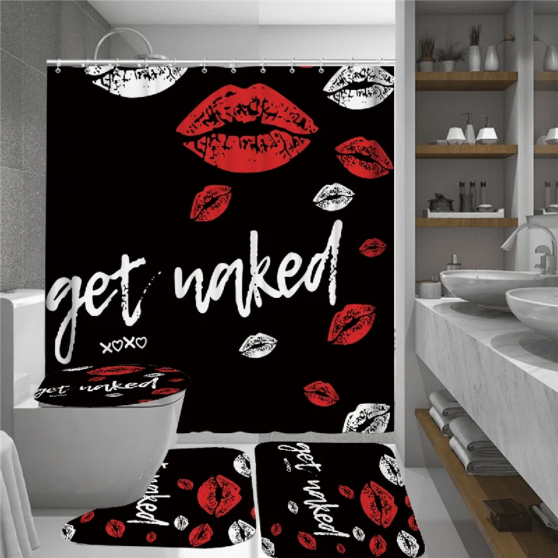 Red Funny Mouth Bathroom Shower Curtian Set Waterproof Toilet Lid Cover Pedestal Rug Non-Slip Bath Mat Set