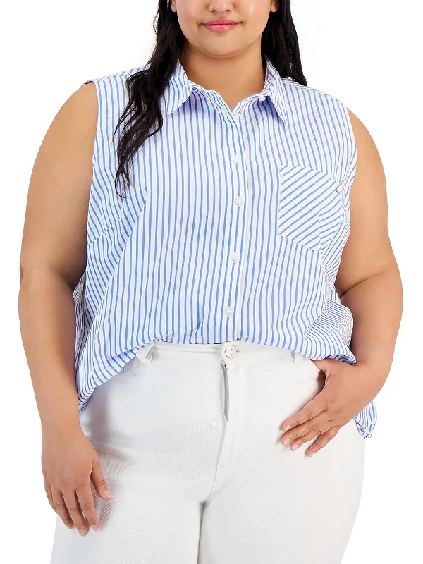 Plus Womens Collared Pocket Button-Down Top