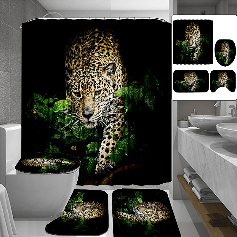 3D Leopard Pattern Shower Curtain Anti-Slip Bath Mat Toilet Pad Set Toilet Pattern Carpet for Home Bath Decor