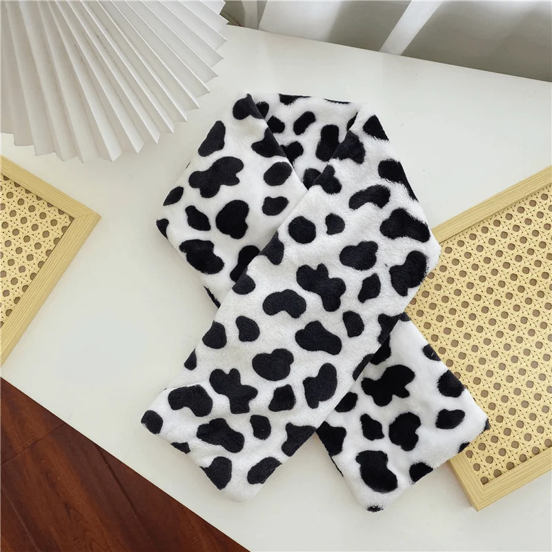 Cute Cow Scarf Thicken Warm Plush Cross Bib for Lovers