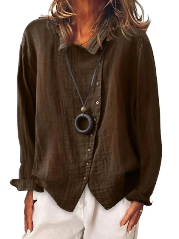 Long Sleeve Button Down Blouse In Brown