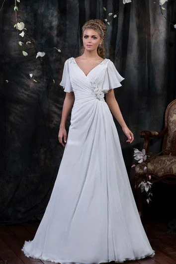 A-Line Floor-Length V-Neck Poet-Sleeve Corset-Back Chiffon Dress With Side Draping And Flower