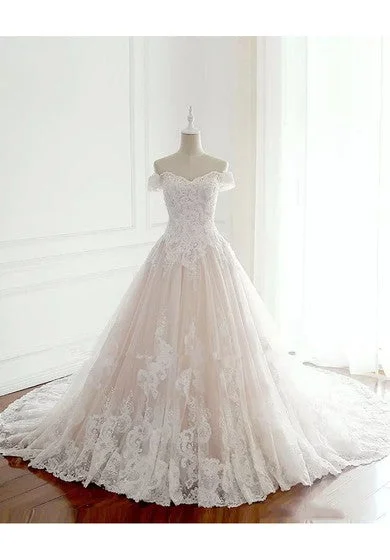 Off-the-shoulder A-line Floor-length Chapel Train Sleeveless Lace Tulle Wedding Dress with Lace-up Back