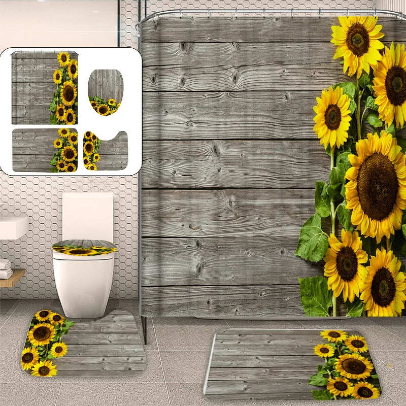 Sunflower Waterproof Bathroom Shower Curtain Non-Slip Anti-Rust Mat Set