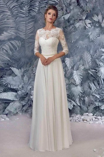 Chiffon and Lace A-line Wedding Dress with 3/4 Sleeves