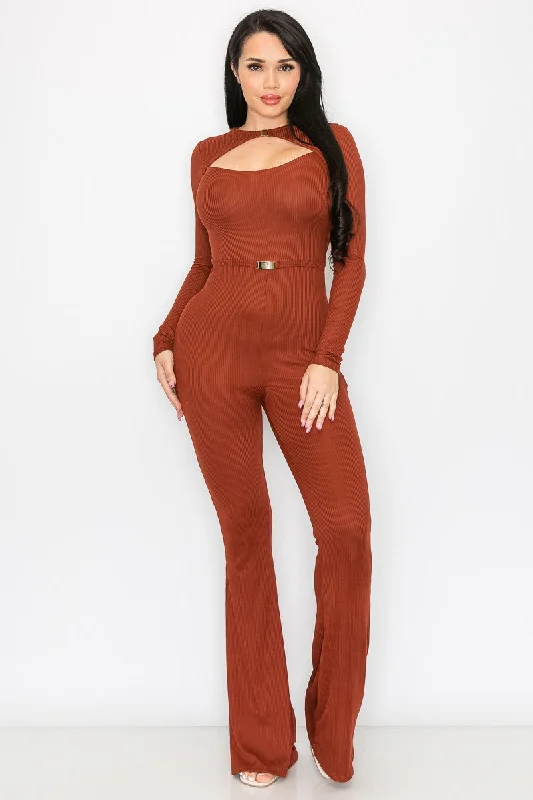 RUST BLUSH RIB BUCKLE WAIST DETAILED JUMPSUIT SP9792J