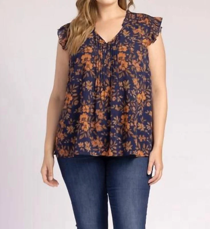 Kamari Ruffle Sleeve Floral Top - Plus In Navy Multi