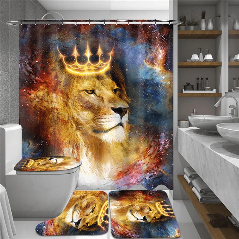 180Cmx180Cm Crown Lion Shower Curtain Set Waterproof Shower Mat Set