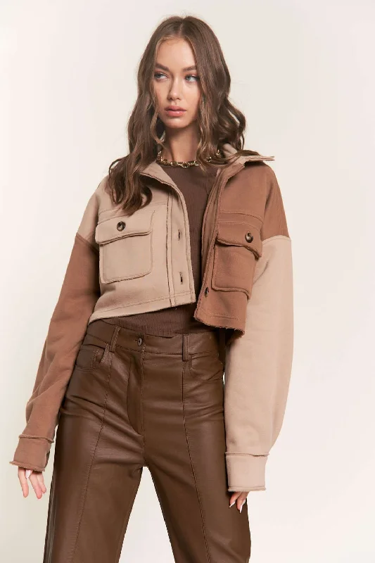 BROWN  COLLARED LONG SLEEVES CROP JACKET SNJK8862P