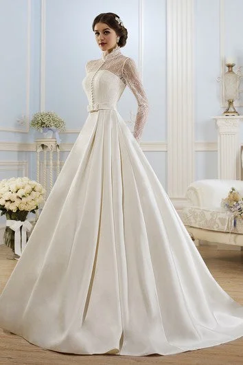 Ball Gown Long High-Neck Long-Sleeve Illusion Satin Dress With Lace