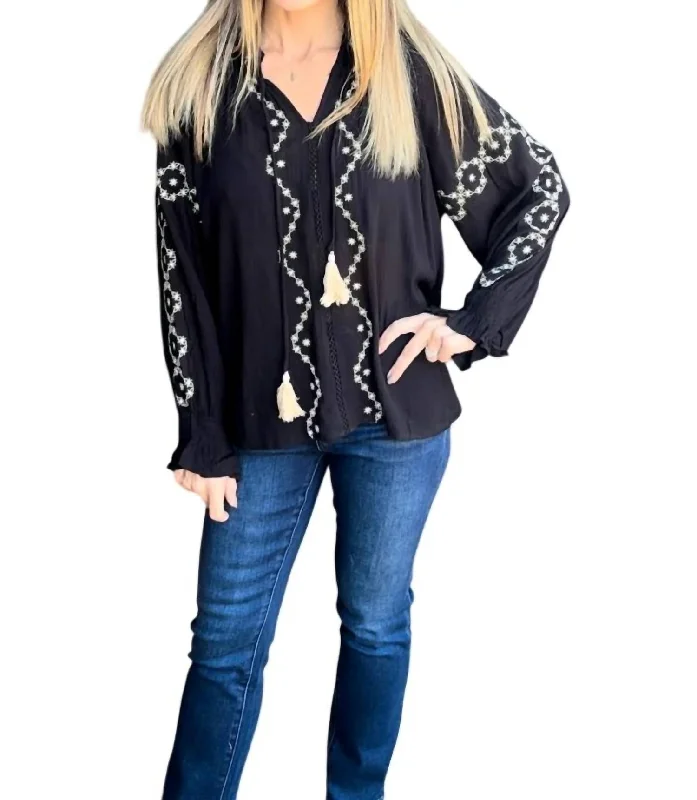 Long Sleeve Embroidered Top In Black