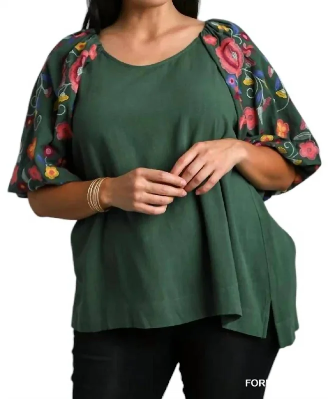 Top With Embroidery Sleeves Plus In Forest Green