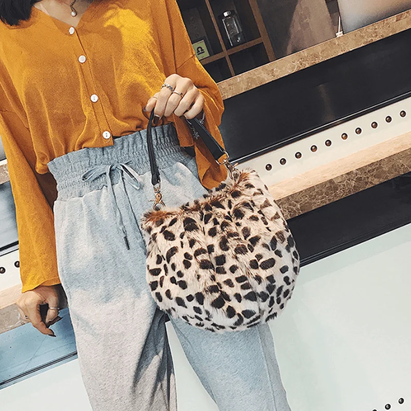 Women Leopard Plush Bag Cotton Bucket Handbag