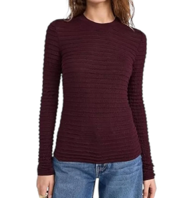 Smocked Long Sleeve Crewneck Tee In Wine