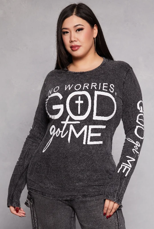 Plus Size God Got Me Acid Wash Graphic Tee