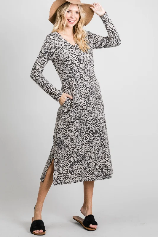 BEIGE LEOPARD BRUSH RIB LONG SLEEVES MIDI DRESS SO3423D