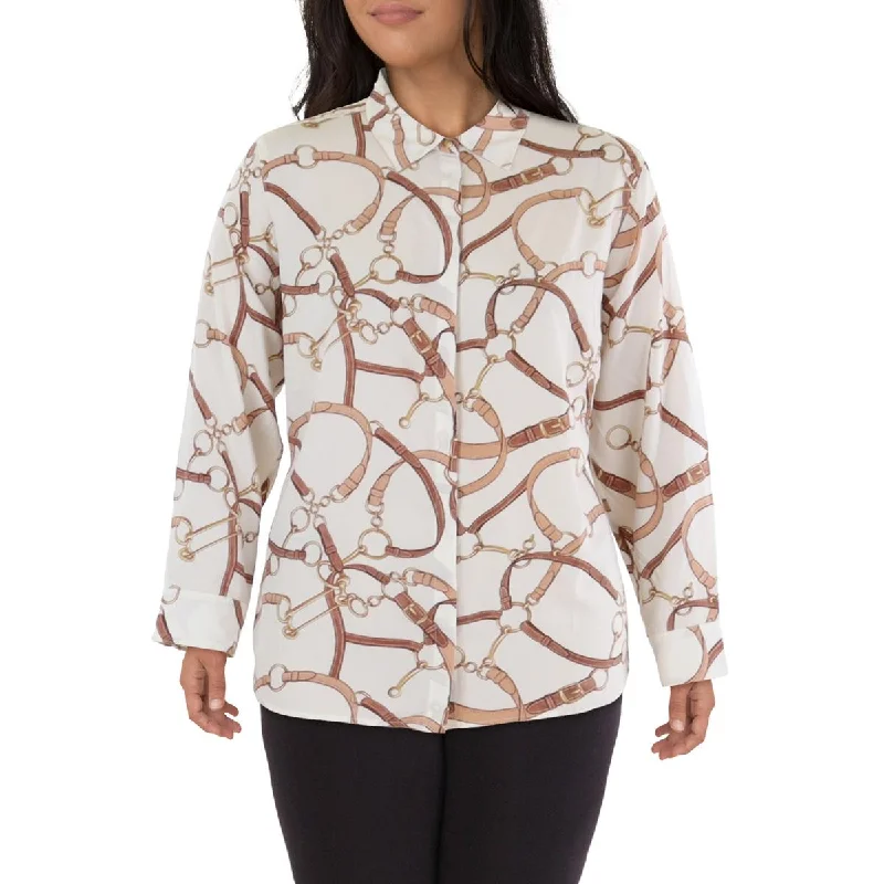 Plus Womens Printed Collared Button-Down Top