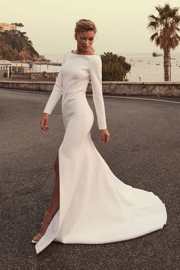 Sexy Satin Mermaid Long-Sleeve Front Split Wedding Dress with Beading