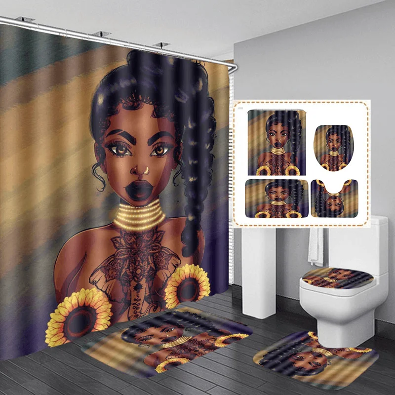 African Black Woman Girl Bathroom Shower Curtain Toilet Cover Pedestal Decor Set