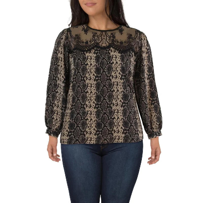 Plus Womens Lace Yoke Snake Print Blouse