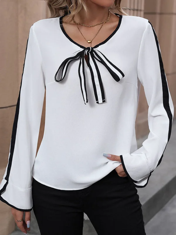 Classy Long Sleeve Knot Blouse with Contrasting Details