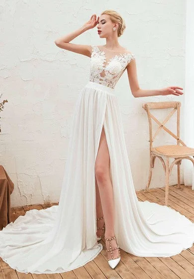 Illusion Lace Appliqued Cap Sleeve Elegant A-line Split Front Chiffon Bridal Gown