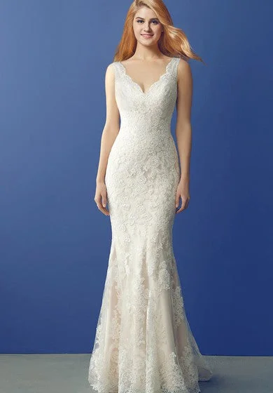 V Neck Long Lace Wedding Gown with Unique Back