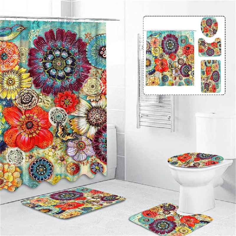 180Cmx180Cm Colorful Flowers Shower Curtain Set Durable Waterproof Shower Mat Set