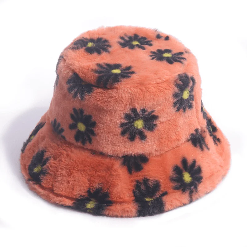 Korean Version of the Autumn and Winter Small Daisy Print Fisherman Hat Plush Net Red All-Match Outing to Keep Warm Rabbit Fur Basin Hat